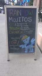 Size: 1840x3264 | Tagged: car, chair, chalk, chalkboard, derpibooru import, mojito, photo, rainbow dash, safe, sidewalk, sign