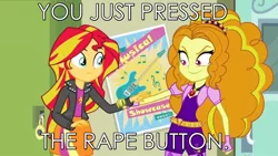 Size: 1280x720 | Tagged: semi-grimdark, suggestive, derpibooru import, edit, edited screencap, screencap, adagio dazzle, sunset shimmer, equestria girls, rainbow rocks, caption, female, gem, image macro, implied rape, inverted mouth, meme, rape joke, rape time, rapeface, siren gem