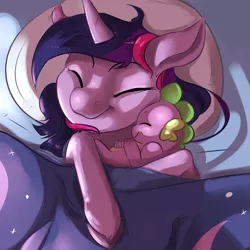 Size: 1280x1280 | Tagged: safe, artist:imsokyo, derpibooru import, spike, twilight sparkle, dragon, pony, unicorn, daily sleeping spike, baby, baby dragon, baby spike, bed, blanket, cuddling, cute, eyes closed, fangs, female, horn, hug, male, mama twilight, mare, on back, sleeping, smiling, snuggling, spikabetes, spikelove, tumblr, unicorn twilight, unshorn fetlocks, weapons-grade cute, younger