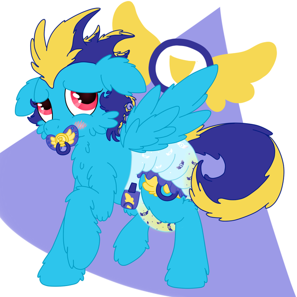 Size: 1000x1000 | Tagged: abdl, adult foal, artist:plinkie_poi, cute, derpibooru import, diaper, diaper fetish, fluffy pony foals, oc, oc:blue angel, pacifier, poofy diaper, questionable, solo, unofficial characters only, urine, weapons-grade cute, wet diaper