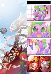 Size: 719x1017 | Tagged: 4koma, artist:sweetsound, buzz lightyear, chocola, comic, crossover, derpibooru import, don dracula, explosion, flandre scarlet, hong meiling, ling xiaoyu, pixiv, safe, spike, touhou, toy story, woody