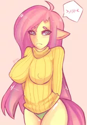 Size: 921x1320 | Tagged: ambiguous facial structure, anthro, artist:midnightcoffeerun, big breasts, boob socks, bottomless, breasts, busty fluttershy, clothes, covered nipples, derpibooru import, erect nipples, female, fluttershy, human facial structure, panties, solo, suggestive, sweater, sweater puppies, sweatershy, underwear, vacuum sealed clothing