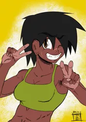 Size: 827x1169 | Tagged: armpits, artist:thethunderpony, black hair, dark skin, derpibooru import, earring, human, humanized, oc, oc:roya neighvarre, safe, smiling, solo, unofficial characters only, wink