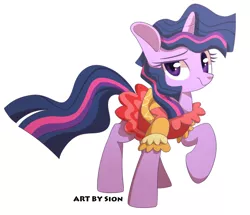 Size: 1000x860 | Tagged: safe, artist:sion, derpibooru import, twilight sparkle, unicorn, friendship is magic, alternate hairstyle, bacon hair, clothes, dress, looking at you, raised hoof, solo, too poofy, unicorn twilight