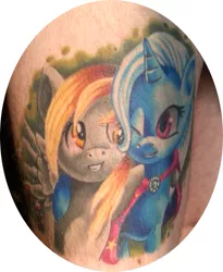 Size: 857x1043 | Tagged: derpibooru import, derpy hooves, hug, human, irl, irl human, photo, safe, smiling, tattoo, trixie, wink