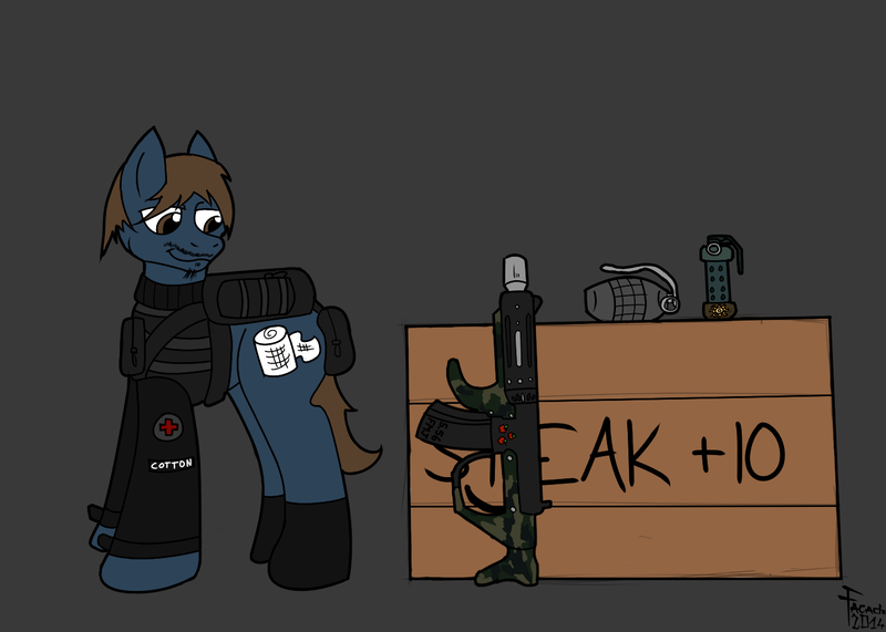 Size: 1400x1000 | Tagged: artist:facade, backpack, boots, box, clothes, derpibooru import, fallout equestria, flash grenade, grenade, gun, oc, oc:cotton, rifle, safe, solo, unofficial characters only, vest, weapon