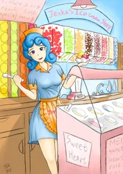 Size: 2894x4092 | Tagged: artist:s1k bo1, blouse, breasts, clothes, cute, derpibooru import, hat, human, humanized, humanized oc, ice cream, ice cream shop, oc, oc:jenka, outfit, shop, skirt, smiling, suggestive, unofficial characters only, working