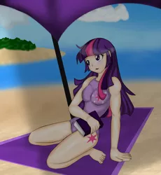 Size: 1469x1599 | Tagged: artist:fourze-pony, barefoot, beach, beach towel, blushing, book, clothes, cute, derpibooru import, feet, human, humanized, kneeling, one-piece swimsuit, open mouth, safe, shade, solo, summer, swimsuit, twilight sparkle, water, wip