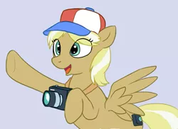 Size: 783x570 | Tagged: safe, derpibooru import, long shot, shutterfly, tracy flash, pegasus, pony, background pony, blue background, camera, female, flying, hat, mare, recolor, simple background, solo