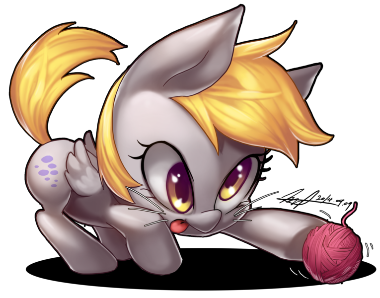 Size: 2442x1916 | Tagged: safe, artist:jggjqm522, derpibooru import, derpy hooves, pegasus, pony, behaving like a cat, cute, derpabetes, female, mare, playing, solo, tongue out, yarn