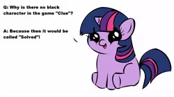 Size: 1194x668 | Tagged: clue, cluedo, derpibooru import, exploitable meme, filly, filly twilight sparkle, filly twilight telling an offensive joke, meme, obligatory pony, safe, twilight sparkle, vulgar