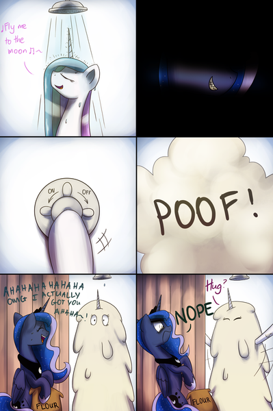 Size: 2410x3620 | Tagged: safe, artist:anticular, derpibooru import, princess celestia, princess luna, alicorn, pony, ask sunshine and moonbeams, comic, duo, duo female, female, flour, fly me to the moon, mare, nope, prank, shower, tumblr, wet, wet mane