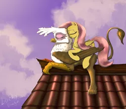 Size: 1280x1105 | Tagged: safe, artist:lucky dragoness, derpibooru import, fluttershy, gilda, gryphon, cloud, cloudy, cute, eyes closed, female, gildadorable, gildashy, lesbian, lying, nuzzling, on top, prone, roof, rooftop, shyabetes, sky, snuggling