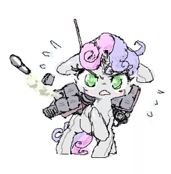 Size: 287x292 | Tagged: safe, artist:toki, derpibooru import, sweetie belle, pony, robot, unicorn, female, filly, floppy ears, foal, hooves, horn, missile, open mouth, pixel art, rocket launcher, simple background, solo, sweetie bot, weapon, white background