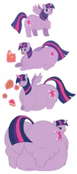 Size: 979x2201 | Tagged: dead source, suggestive, artist:candyxxxholicxx, derpibooru import, twilight sparkle, twilight sparkle (alicorn), alicorn, pony, cake, chubby, comic, cookie, eating, fat, female, immobile, impossibly large butt, looking at you, mare, morbidly obese, muffin, obese, plot, sequence, simple background, the ass was fat, twilard sparkle, weight gain, white background