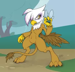 Size: 1044x1000 | Tagged: safe, artist:dfectivedvice, artist:longren, color edit, derpibooru import, edit, gilda, gryphon, parasprite, semi-anthro, bipedal, colored, solo