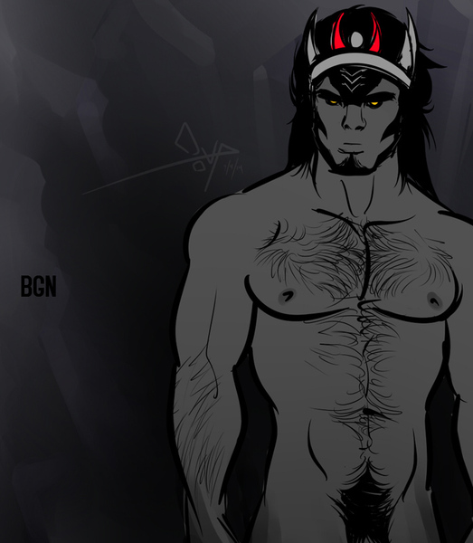 Size: 697x800 | Tagged: suggestive, artist:bgn, derpibooru import, king sombra, human, bara, chest hair, crown, hairy, human facial structure, humanized, king sombara, male, muscles, nipples, nudity, pony coloring, pubic hair, solo, solo male