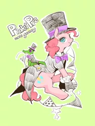 Size: 600x800 | Tagged: artist:wan, clothes, derpibooru import, gummy, hat, pinkie pie, safe, solo, top hat, tuxedo