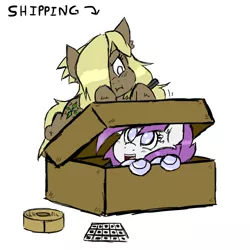 Size: 750x750 | Tagged: artist:ichibangravity, ask king sombra pie, box, derpibooru import, oc, pun, rae mix, safe, tape, triste savoir, unofficial characters only