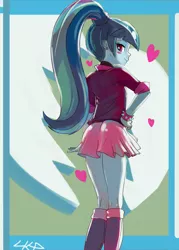 Size: 2444x3409 | Tagged: suggestive, artist:paradoxbroken, derpibooru import, sonata dusk, equestria girls, rainbow rocks, blushing, clothes, ear piercing, earring, female, heart, jewelry, multicolored hair, piercing, ponytail, solo, solo female, spiked wristband, wristband