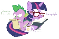 Size: 900x600 | Tagged: safe, artist:dm29, derpibooru import, spike, twilight sparkle, twilight sparkle (alicorn), alicorn, pony, book, coffee, coffee mug, duo, female, glasses, international literacy day, irony, literacy day, mare, mug, reading, scroll, simple background, transparent background, twilight's professional glasses