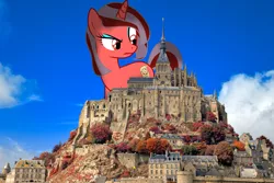 Size: 1800x1200 | Tagged: safe, artist:ruinedomega, artist:somerandomminion, derpibooru import, oc, oc:andemitia spellslinger, unofficial characters only, pony, autumn, cathedral, france, giant pony, giantess, irl, macro, mont st. michel, photo, photomanipulation, ponies in real life, solo
