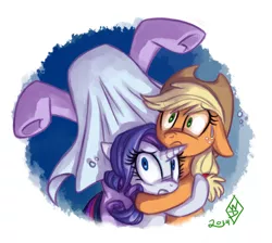 Size: 1200x1075 | Tagged: safe, artist:whitediamonds, derpibooru import, applejack, rarity, twilight sparkle, earth pony, pony, unicorn, look before you sleep, female, floppy ears, freckles, frown, gritted teeth, hat, hug, lesbian, mare, rarijack, rarijack daily, scared, scene interpretation, sheet, shipping, spooky, sweat, tumblr, underhoof, wide eyes