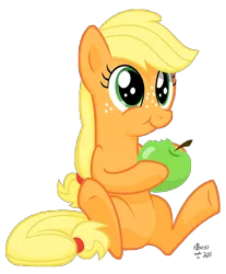 Size: 7200x8700 | Tagged: absurd resolution, apple, applejack, artist:twiddlechimp, cute, derpibooru import, eating, filly, hatless, hoof hold, jackabetes, missing accessory, nom, obligatory apple, puffy cheeks, safe, simple background, sitting, smiling, solo, :t, that pony sure does love apples, transparent background, underhoof, vector