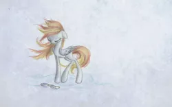 Size: 1920x1200 | Tagged: dead source, safe, artist:linkling, derpibooru import, lightning dust, pegasus, pony, eyes closed, female, folded wings, goggles, mare, simple background, solo, traditional art, white background, wings