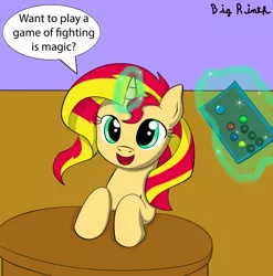 Size: 1024x1036 | Tagged: safe, artist:bigrinth, derpibooru import, sunset shimmer, pony, unicorn, fighting is magic, arcade stick, cute, fight stick, magic, shimmerbetes, solo