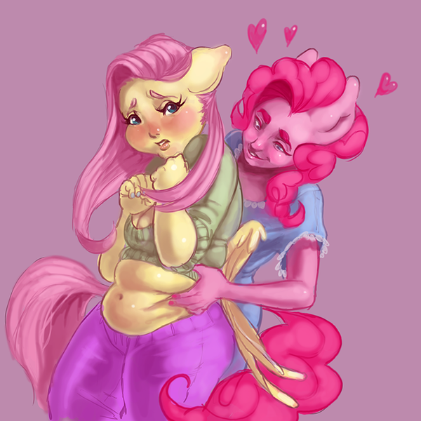 Size: 750x750 | Tagged: anthro, artist:fattington, bbw, belly, belly button, blushing, breasts, chubby, cleavage, creepy face, derpibooru import, female, flutterpie, fluttershy, grope, heart, human facial structure, lesbian, midriff, muffin top, pinkie pie, shipping, squeezing, suggestive, weight gain