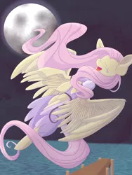 Size: 6000x8000 | Tagged: safe, artist:elskafox, derpibooru import, fluttershy, absurd resolution, clothes, flying, moon, night, singing, solo