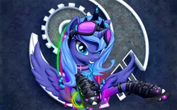 Size: 3520x2200 | Tagged: safe, artist:xn-d, derpibooru import, princess luna, alicorn, pony, boots, collar, crown, cute, cyberpunk, female, glowstick, goggles, lunabetes, mare, rave, s1 luna, smiling, solo