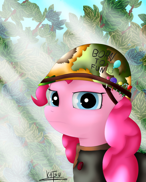 Size: 2000x2500 | Tagged: artist:katsu, badge, balloon, barley sugar, born to x, clothes, derpibooru import, full metal jacket, helmet, leaf, lollipop, military, military uniform, pinkie pie, safe, solo, suit, sun