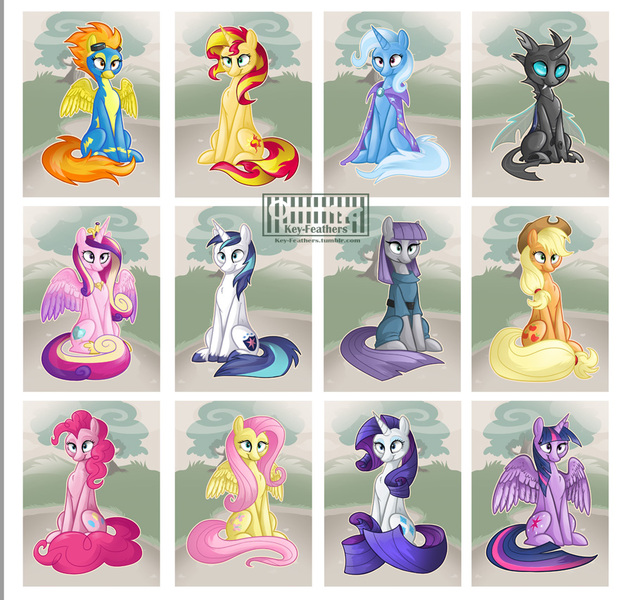 Size: 900x853 | Tagged: safe, artist:keyfeathers, derpibooru import, applejack, fluttershy, maud pie, pinkie pie, princess cadance, rarity, shining armor, spitfire, sunset shimmer, trixie, twilight sparkle, twilight sparkle (alicorn), alicorn, changeling, pony, female, mare