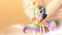 Size: 1920x1080 | Tagged: safe, artist:mithandir730, artist:nemesis360, derpibooru import, princess celestia, alicorn, pony, dem wings, lidded eyes, looking at you, pretty, smiling, solo, spread wings, vector, wallpaper, wings