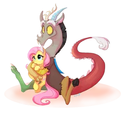 Size: 1067x1030 | Tagged: safe, artist:c-puff, derpibooru import, discord, fluttershy, draconequus, pegasus, pony, cute, discoshy, discute, female, frown, holding, holding a pony, hug, male, mare, shipping, shyabetes, signature, simple background, sitting, straight, white background