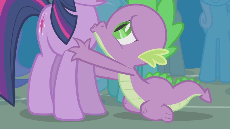 Size: 1920x1080 | Tagged: safe, derpibooru import, screencap, spike, twilight sparkle, dragon, pony, boast busters, female, hug, implied kissing, kissy face, male, mare