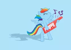 Size: 1600x1135 | Tagged: safe, derpibooru import, rainbow dash, pegasus, pony, bipedal, eyes closed, female, keytar, mare, music, music notes, musical instrument, performance, playing, simple background, solo