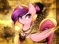 Size: 800x600 | Tagged: safe, artist:sugarberry, derpibooru import, princess cadance, alicorn, pony, abstract background, clothes, dress, gold, gold background, jewelry, necklace, png, solo, yellow dress