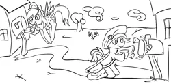 Size: 1193x586 | Tagged: safe, artist:ponygoggles, derpibooru import, derpy hooves, scootaloo, pegasus, pony, bag, female, hat, letter, mare, monochrome, mouth hold