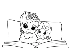 Size: 1500x1000 | Tagged: artist:kloudmutt, book, derpibooru import, hair curlers, monochrome, rarity, reading, safe, sisters, sweetie belle