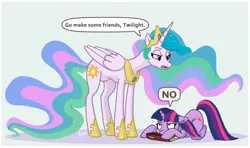 Size: 1012x600 | Tagged: safe, artist:captain-waterfire, artist:kiguren, derpibooru import, princess celestia, twilight sparkle, alicorn, pony, unicorn, :t, book, celestia is not amused, cute, dialogue, duo, female, frown, glare, grumpy, hoof shoes, image, jpeg, looking down, make some friends, mare, no, open mouth, prone, twilight is not amused, unamused, unicorn twilight