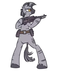 Size: 900x1114 | Tagged: artist:inlucidreverie, bipedal, derpibooru import, fallout equestria, female, gun, oc, oc:xerene, saddle bag, safe, shotgun, simple background, solo, transparent background, unofficial characters only, zebra