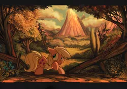 Size: 966x679 | Tagged: safe, artist:jowybean, derpibooru import, applejack, evening, fence, floppy ears, forest, hatless, missing accessory, mountain, scared, scenery, solo, younger