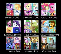 Size: 1600x1416 | Tagged: safe, derpibooru import, angel bunny, apple bloom, applejack, big macintosh, cheerilee, cheese sandwich, chimera sisters, coco pommel, diamond tiara, discord, fido, flam, flim, fluttershy, gilda, granny smith, gummy, iron will, lightning dust, lord tirek, ms. harshwhinny, nightmare moon, owlowiscious, pinkie pie, princess cadance, princess celestia, princess luna, queen chrysalis, rainbow dash, rarity, rover, scootaloo, shining armor, silver spoon, spike, spot, sunset shimmer, suri polomare, sweetie belle, trixie, twilight sparkle, twilight sparkle (alicorn), winona, chimera, diamond dog, gryphon, equestria girls, alignment, alignment chart, background pony, cutie mark crusaders, derpibooru discusses philosophy, flim flam brothers, mane seven, mane six, multiple heads, pets, three heads