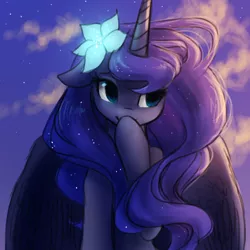 Size: 1500x1500 | Tagged: safe, artist:katputze, derpibooru import, princess luna, alicorn, pony, beautiful, bust, cloud, cloudy, covering, covering mouth, cute, female, floppy ears, flower, flower in hair, lidded eyes, lunabetes, mare, missing accessory, outdoors, raised hoof, raised leg, sideways glance, sitting, sky, smiling, solo, spread wings, stars, sunset, wavy mane, wings