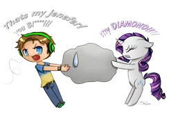 Size: 4328x3121 | Tagged: safe, artist:julia-d123, derpibooru import, rarity, tom, human, censored, chibi, headphones, jenefer, parody, pewdiepie