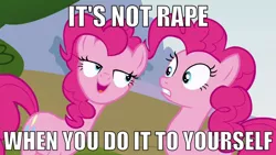 Size: 1280x720 | Tagged: semi-grimdark, suggestive, derpibooru import, edit, edited screencap, screencap, pinkie pie, earth pony, pony, too many pinkie pies, caption, clone, female, image macro, implied rape, lesbian, meme, pinkie clone, self ponidox, self rape, selfcest