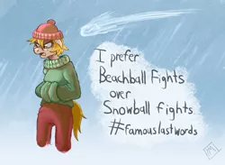 Size: 3216x2359 | Tagged: anthro, artist:mysterimaan, beach ball in winter, clothes, derpibooru import, hashtag, oc, oc:beach ball, safe, snow, snowball, unofficial characters only, winter